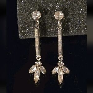 Estate Silver and Crystal 2 Inch Clip On Drop Earrings